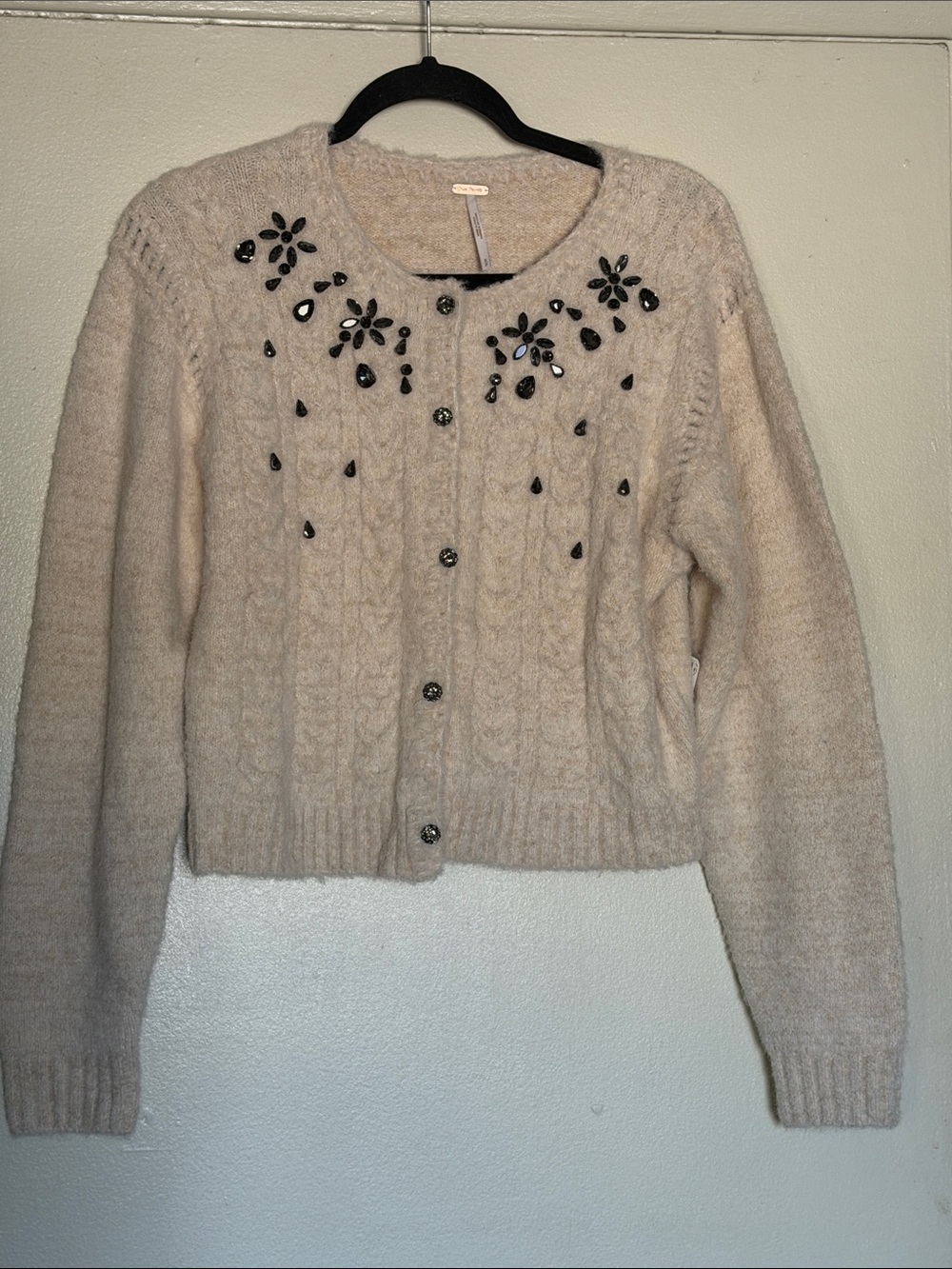 Free People S Cream Cable Knit Cardigan with Black Bead Embellishment